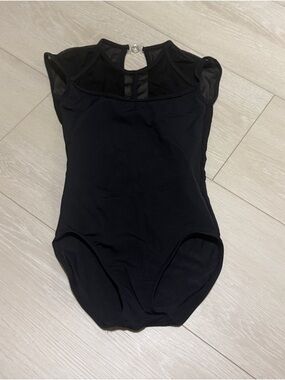 Girls' Black Cap-Sleeve Dance Leotard with Mesh Yoke